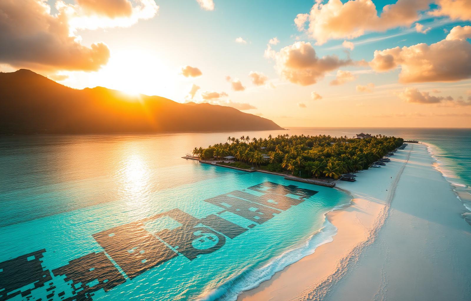 Tropical beach paradise at sunset